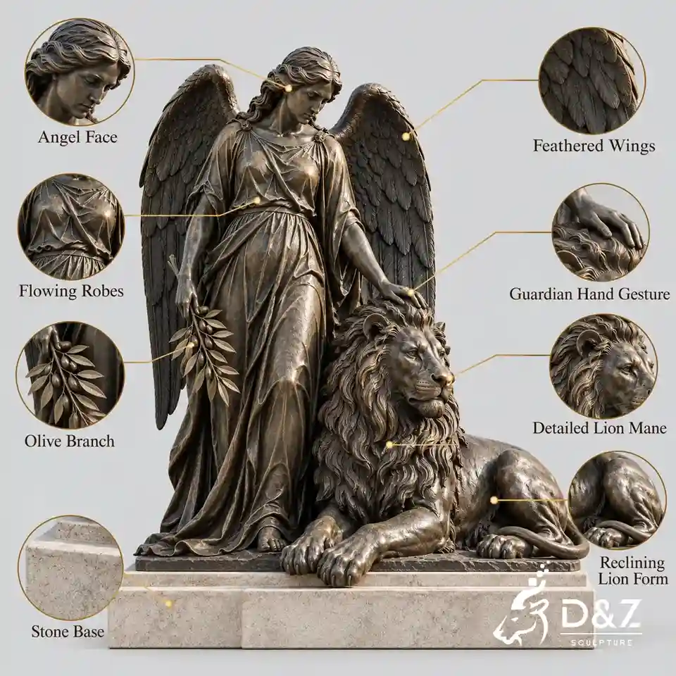 Annotated angel and lion sculpture identifying the angel face, feathered wings, flowing robes, olive branch, guardian hand and reclining lion. Annotated angel and lion sculpture identifying the angel face, feathered wings, flowing robes, olive branch, guardian hand and reclining lion.