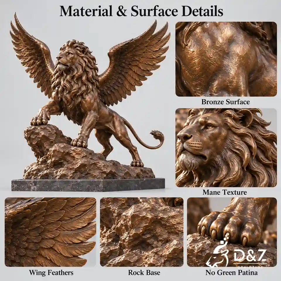 Bronze winged lion statue material detail board showing cast bronze surface, mane texture, feather patterns, rock base, and paw close-ups. Bronze winged lion statue material detail board showing cast bronze surface, mane texture, feather patterns, rock base, and paw close-ups.