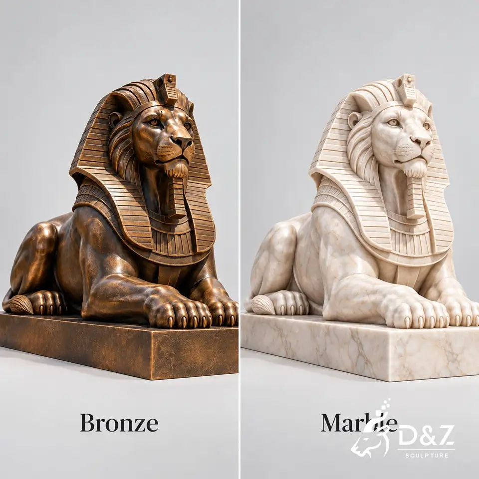 Side-by-side Egyptian lion statue material comparison showing antique bronze and white marble versions Side-by-side Egyptian lion statue material comparison showing antique bronze and white marble versions