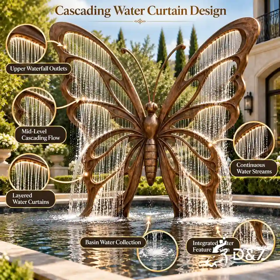 Curtain water fountain design infographic highlighting layered water curtains, waterfall outlets, and basin collection. Curtain water fountain design infographic highlighting layered water curtains, waterfall outlets, and basin collection.