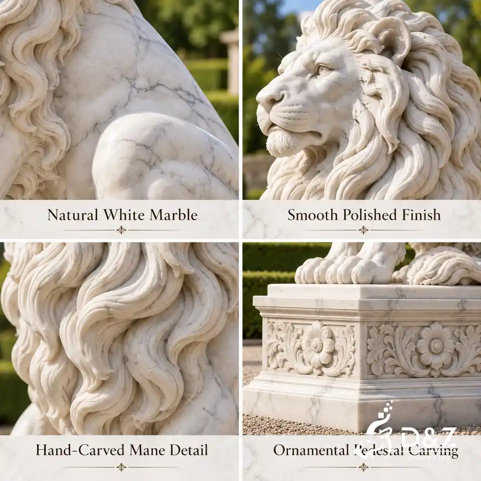 Marble lion sculpture close ups showing natural white marble veining polished surface mane and base carving