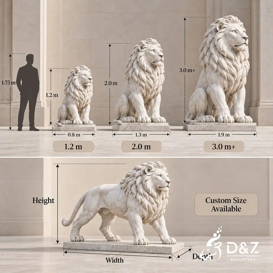 Marble lion statue size comparison with a 1.75-meter human silhouette and height width depth markers