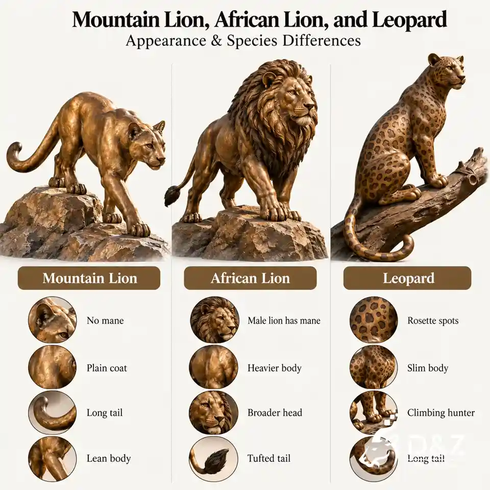Mountain lion statue compared with bronze African lion and spotted leopard sculptures in a three-column infographic. Mountain lion statue compared with bronze African lion and spotted leopard sculptures in a three-column infographic.