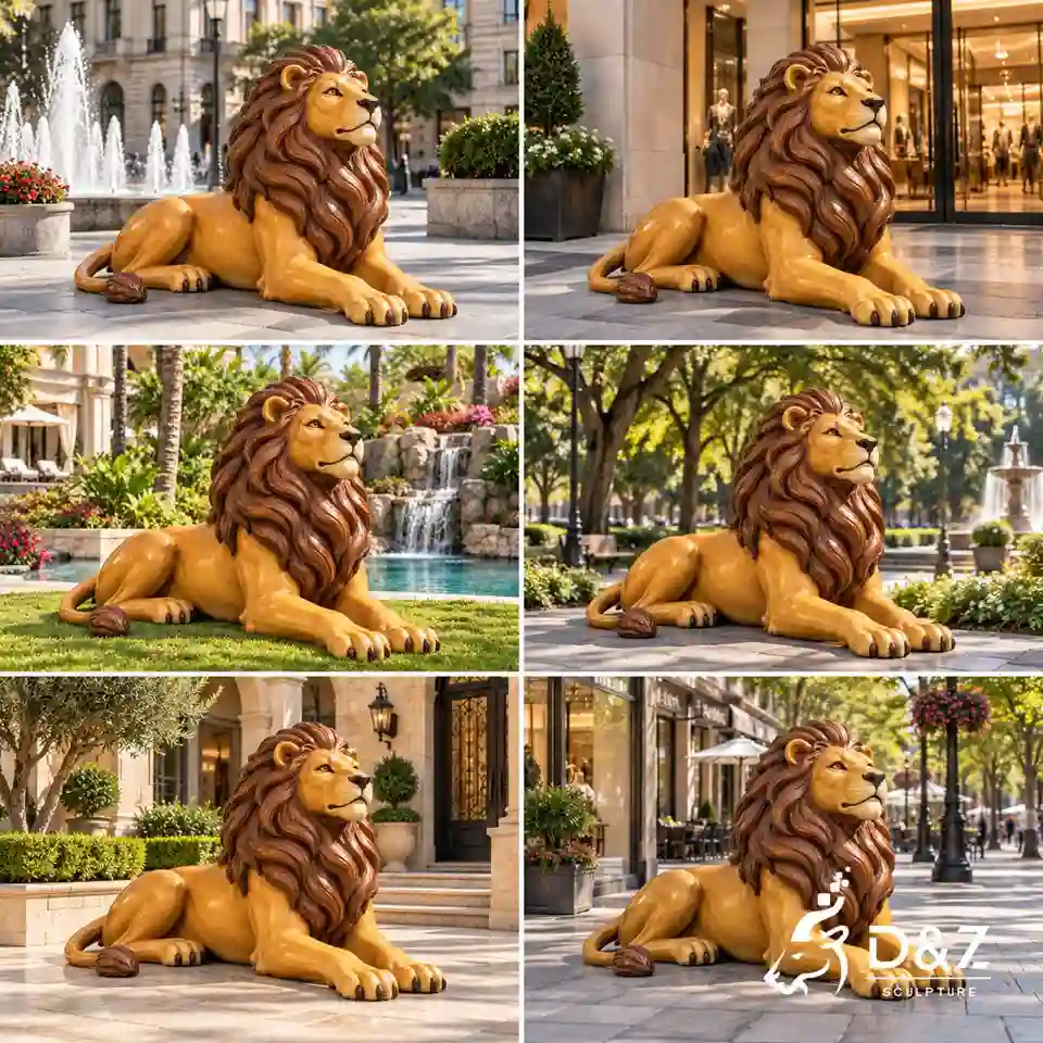 Six outdoor painted lion statue applications in city squares, shopping malls, resort gardens, parks, villa entrances, and commercial streets Six outdoor painted lion statue applications in city squares, shopping malls, resort gardens, parks, villa entrances, and commercial streets