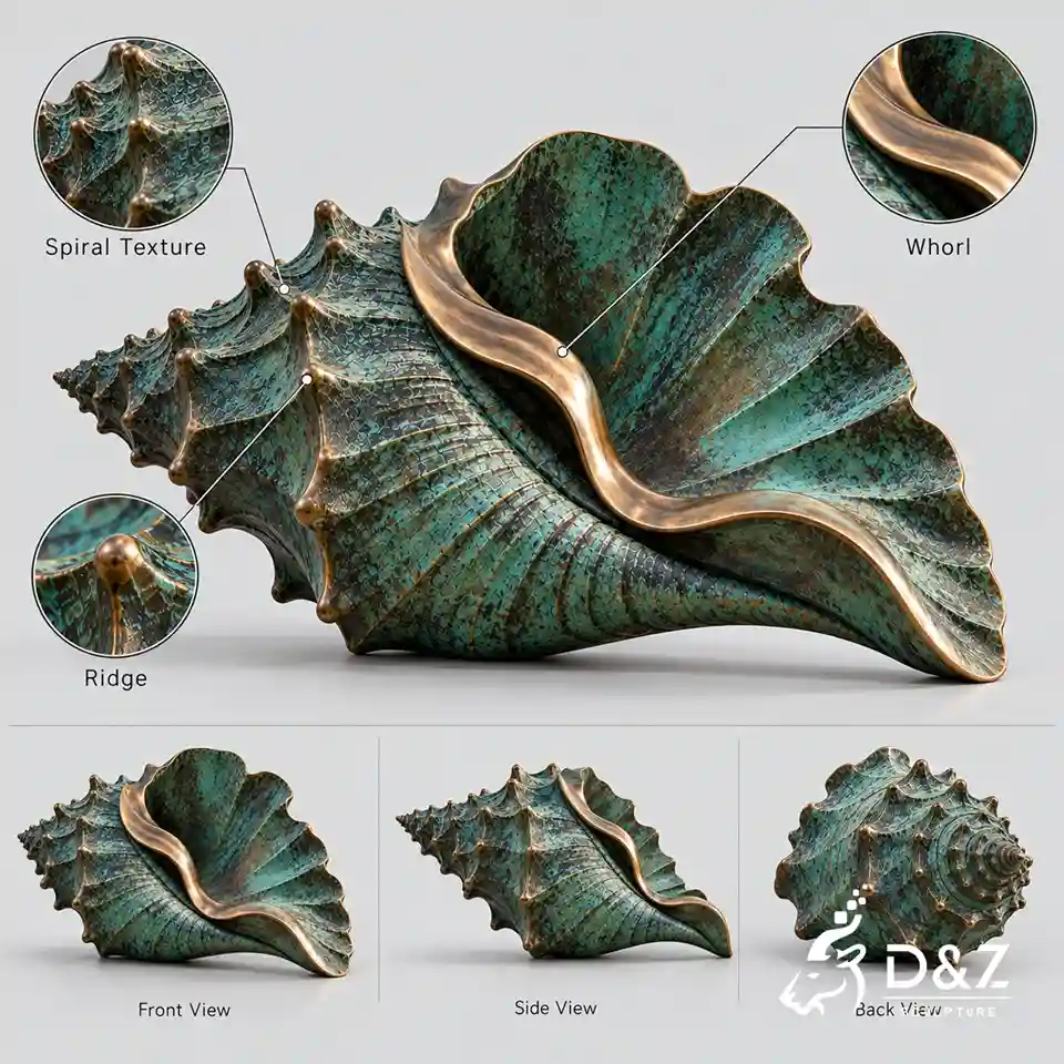 shell sculpture detail diagram highlighting spiral texture, the flowing inner curve, raised ridges, and front side and back views shell sculpture detail diagram highlighting spiral texture, the flowing inner curve, raised ridges, and front side and back views