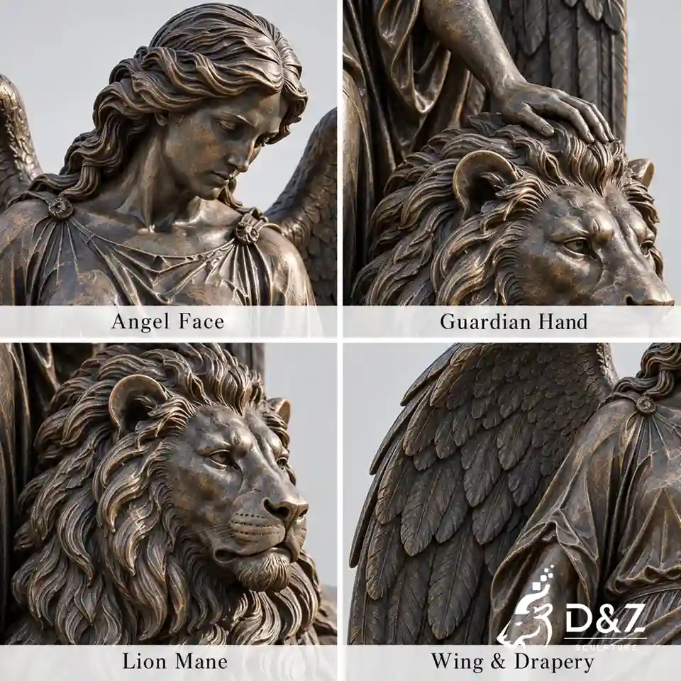 Four close-up views of a bronze angel statue and lion sculpture showing the angel face, hand on the lion, carved mane and feathered wing. Four close-up views of a bronze angel statue and lion sculpture showing the angel face, hand on the lion, carved mane and feathered wing.