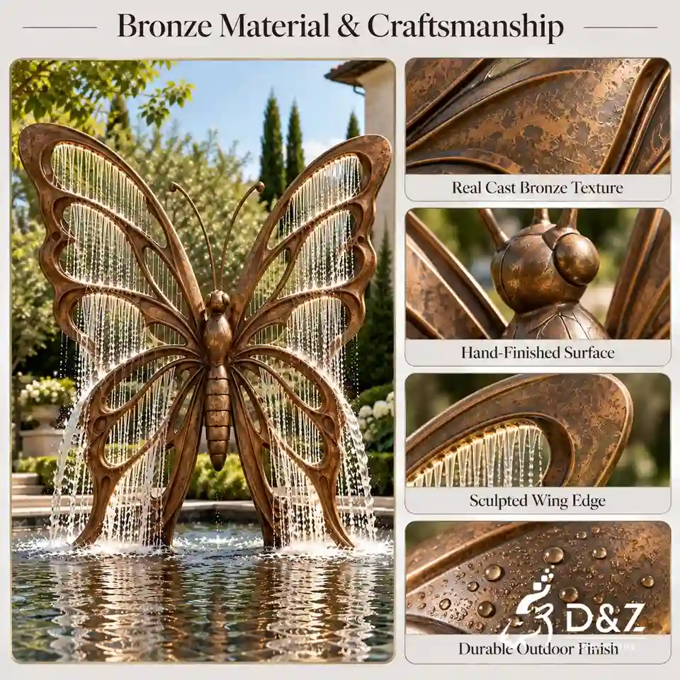Bronze fountain craftsmanship image showing cast bronze texture, hand-finished surface, and durable outdoor finish. Bronze fountain craftsmanship image showing cast bronze texture, hand-finished surface, and durable outdoor finish.
