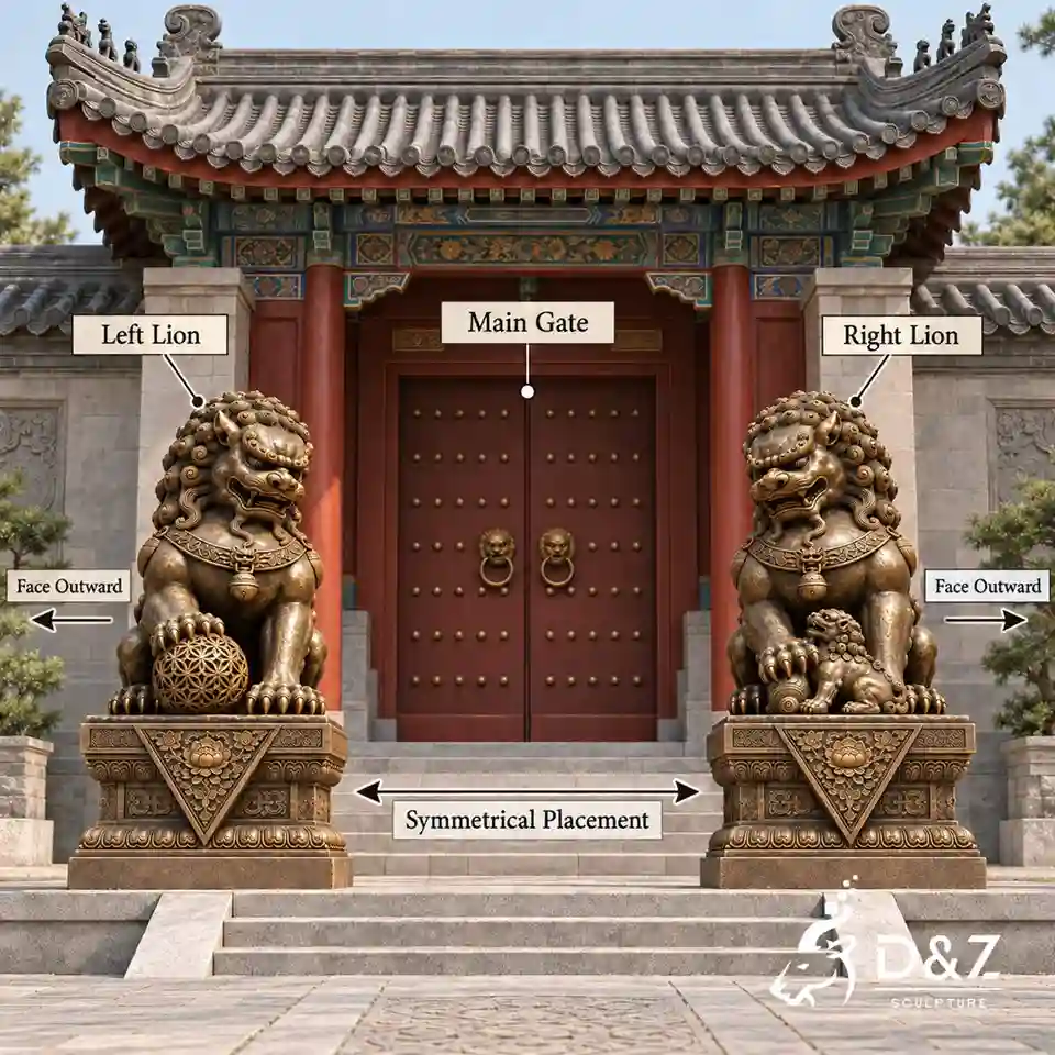 Pair of bronze Chinese guardian lion statues symmetrically flanking a traditional gate and facing outward