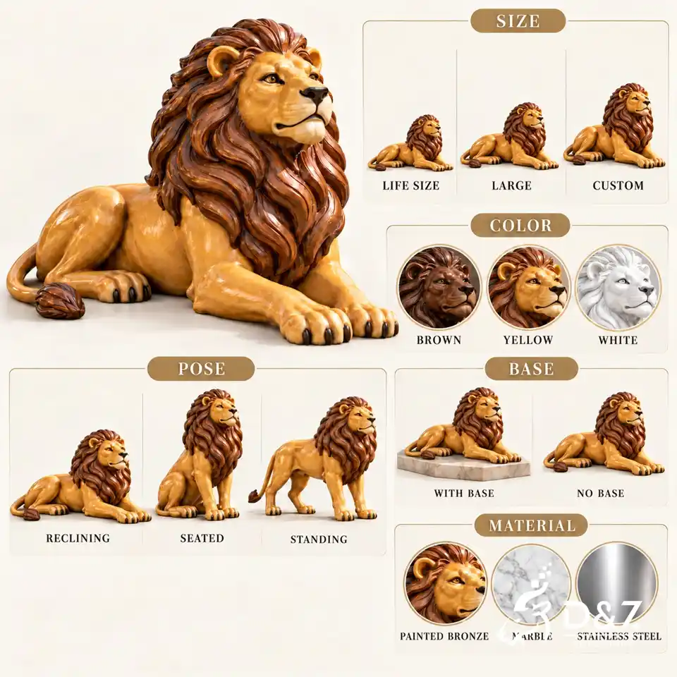 Custom painted lion statue options for size, brown yellow and white colors, reclining seated and standing poses, bases, and materials Custom painted lion statue options for size, brown yellow and white colors, reclining seated and standing poses, bases, and materials