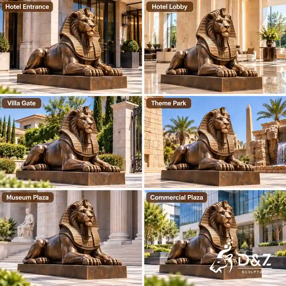 Egyptian lion sculpture shown in hotel entrance lobby villa gate theme park museum plaza and commercial plaza scenes Egyptian lion sculpture shown in hotel entrance lobby villa gate theme park museum plaza and commercial plaza scenes