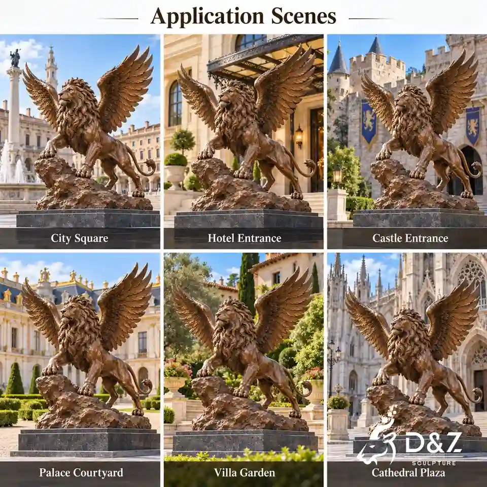 Outdoor winged lion statue shown across six settings: city square, hotel entrance, castle entrance, palace courtyard, villa garden, and cathedral plaza. Outdoor winged lion statue shown across six settings: city square, hotel entrance, castle entrance, palace courtyard, villa garden, and cathedral plaza.
