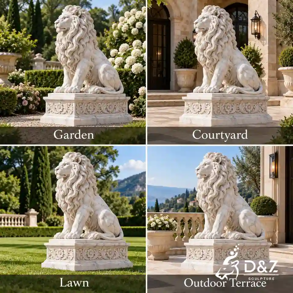 Sitting lion garden statue shown in garden courtyard lawn and outdoor terrace settings