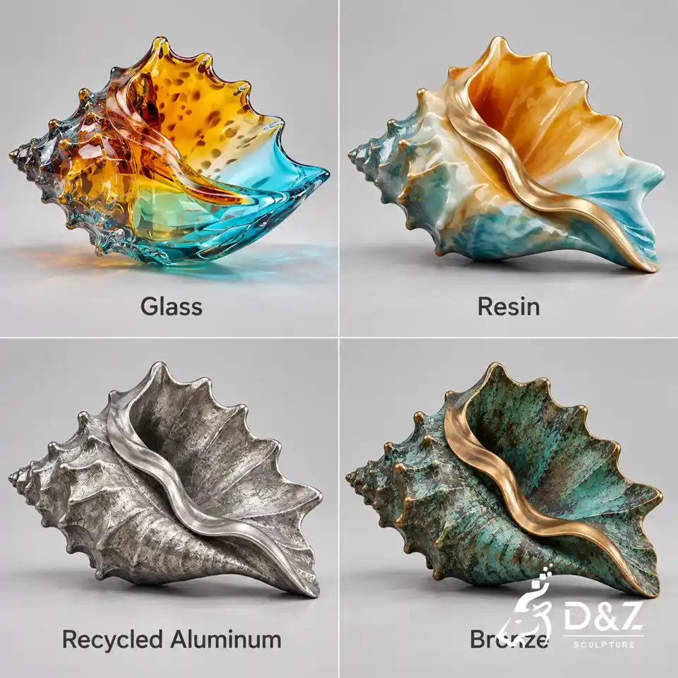 shell sculpture material comparison showing glass, resin, recycled aluminum, and verdigris bronze finishes shell sculpture material comparison showing glass, resin, recycled aluminum, and verdigris bronze finishes