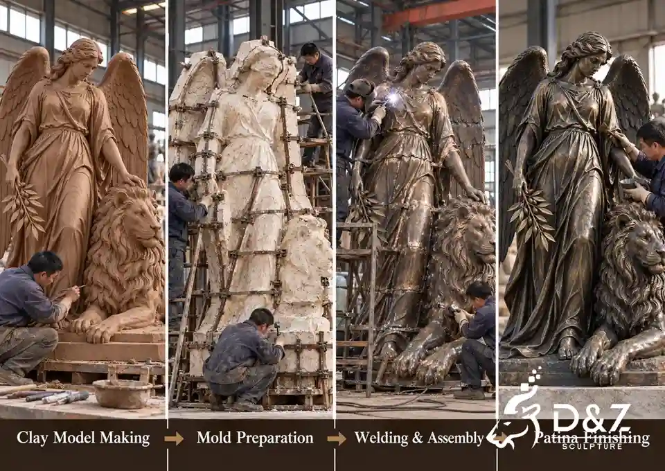 Illustrated bronze statue casting process for an angel and lion sculpture, including clay modeling, mold preparation, welding and patina finishing. Illustrated bronze statue casting process for an angel and lion sculpture, including clay modeling, mold preparation, welding and patina finishing.