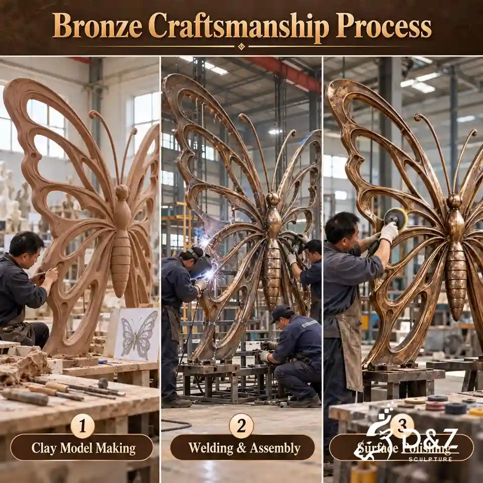 Bronze fountain sculpture craftsmanship process with clay model making, welding, assembly, and surface polishing. Bronze fountain sculpture craftsmanship process with clay model making, welding, assembly, and surface polishing.