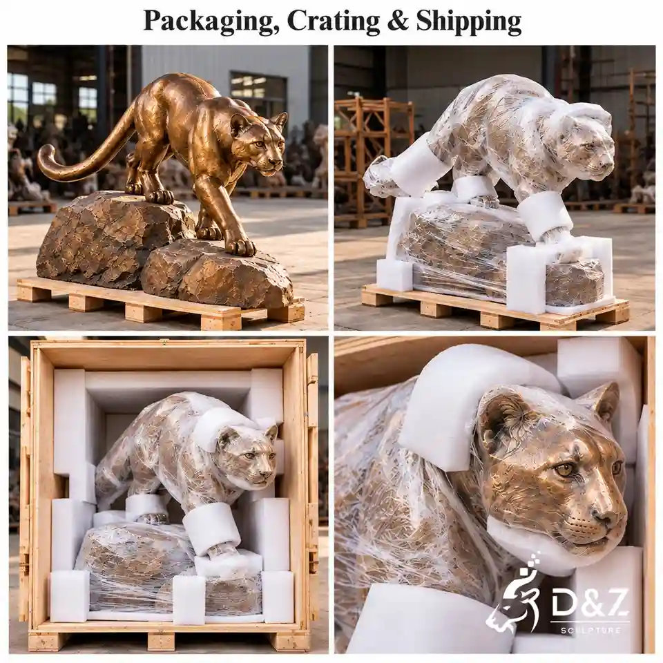 Bronze mountain lion statue packaging collage showing protective foam, stretch film, pallet support, and wooden crate. Bronze mountain lion statue packaging collage showing protective foam, stretch film, pallet support, and wooden crate.