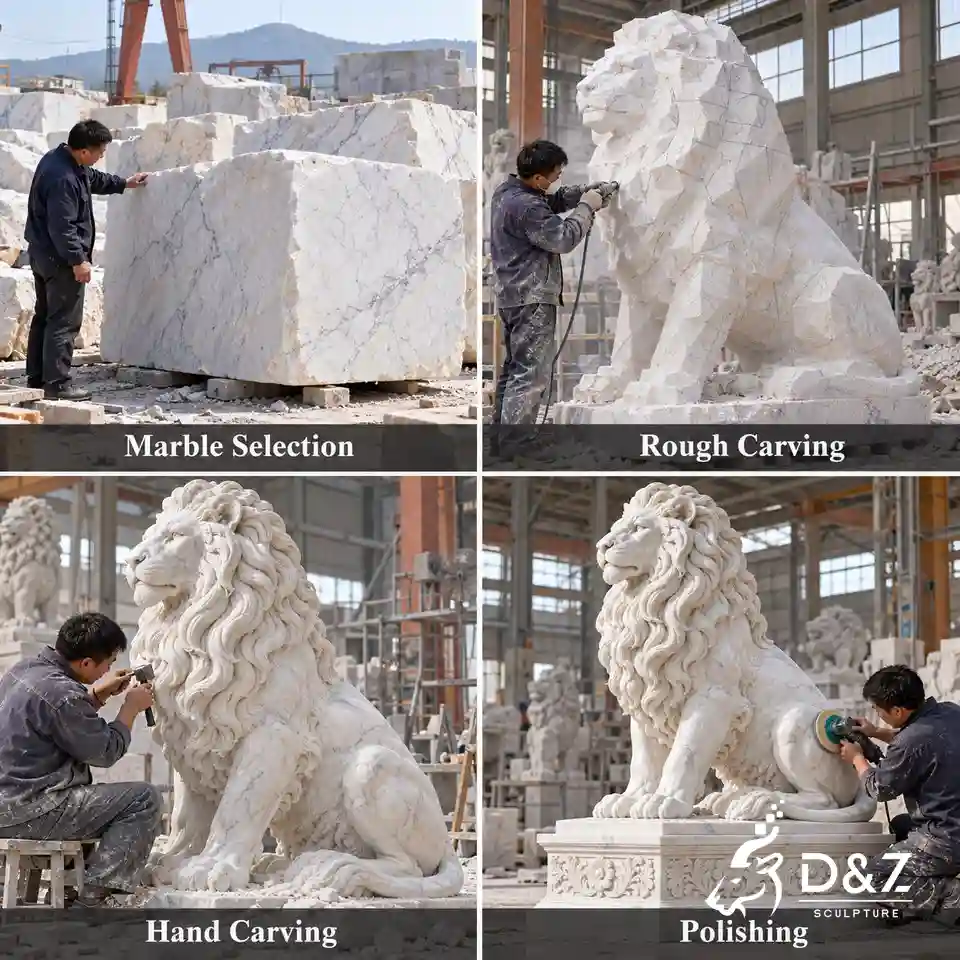 Marble lion statue creation process showing marble selection rough carving detailed hand carving and polishing