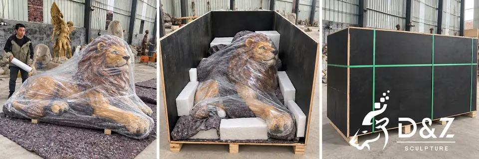 Painted lion sculpture packaging process showing protective film wrapping, foam supports, and a reinforced wooden shipping crate Painted lion sculpture packaging process showing protective film wrapping, foam supports, and a reinforced wooden shipping crate