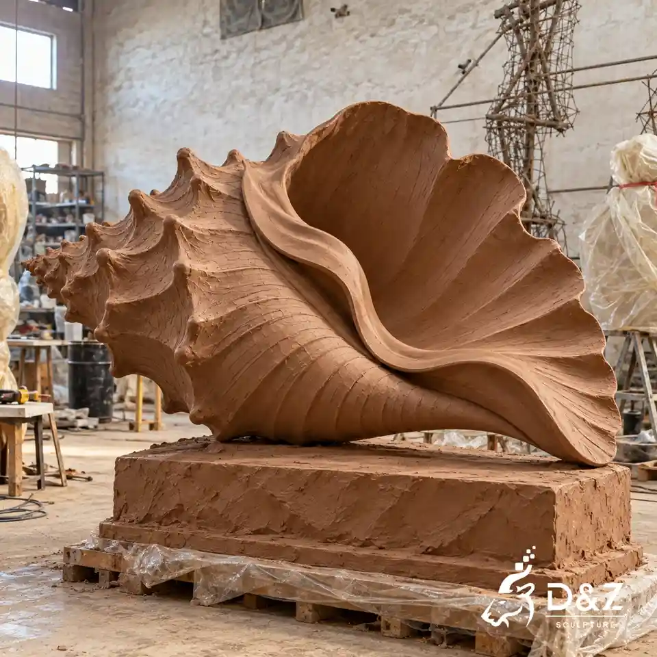 clay model of a large conch shell sculpture with hand-shaped ridges and detailed inner curves in a sculpture workshop clay model of a large conch shell sculpture with hand-shaped ridges and detailed inner curves in a sculpture workshop