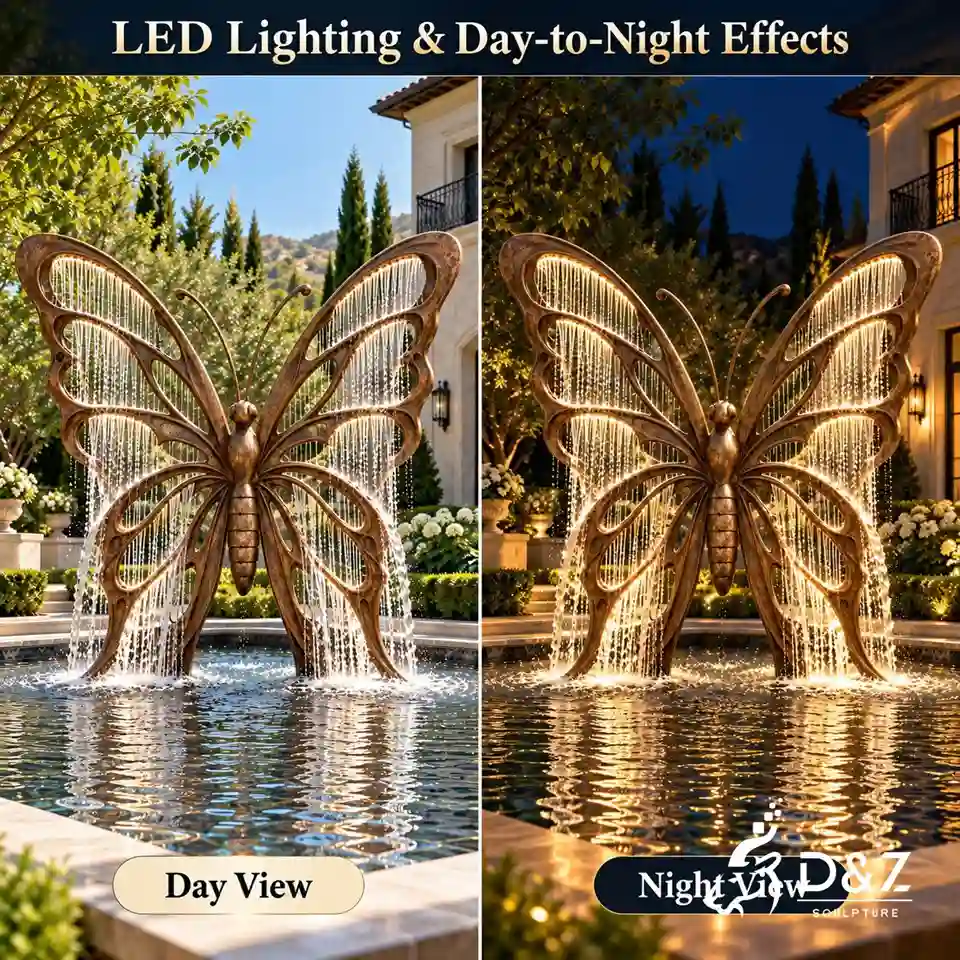 Butterfly fountain with lights comparison showing day view and night view in the same courtyard fountain scene. Butterfly fountain with lights comparison showing day view and night view in the same courtyard fountain scene.