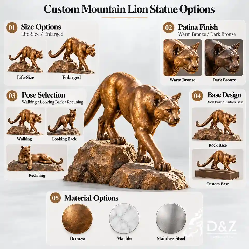 Custom mountain lion sculpture infographic showing size, bronze patina, poses, bases, and bronze marble or stainless steel material samples. Custom mountain lion sculpture infographic showing size, bronze patina, poses, bases, and bronze marble or stainless steel material samples.