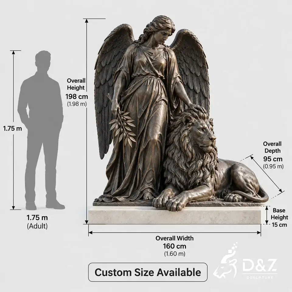 Large angel and lion statue size reference with measurement arrows, a 1.75 m adult silhouette and a customizable stone base. Large angel and lion statue size reference with measurement arrows, a 1.75 m adult silhouette and a customizable stone base.