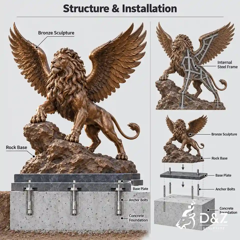 Large bronze winged lion sculpture installation diagram showing a conceptual internal steel frame, base plate, anchor bolts, and concrete foundation. Large bronze winged lion sculpture installation diagram showing a conceptual internal steel frame, base plate, anchor bolts, and concrete foundation.