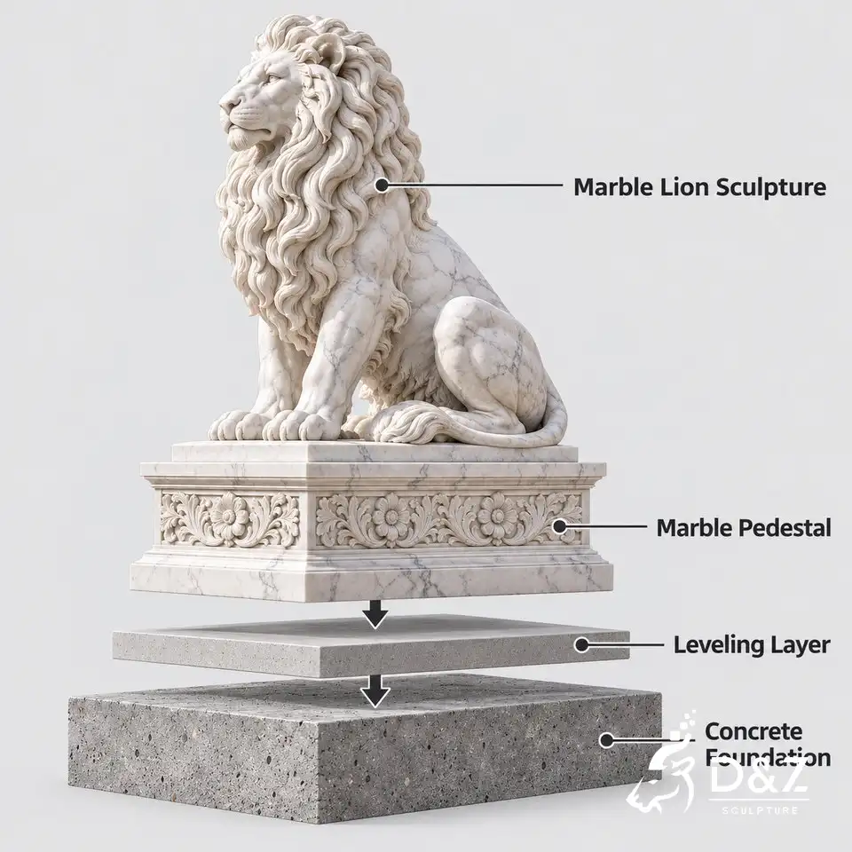 Sitting lion statue installation diagram identifying marble sculpture pedestal leveling layer and concrete foundation