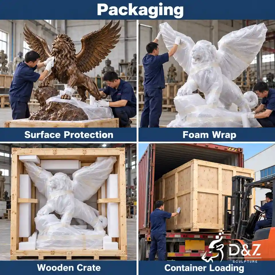 Bronze flying lion statue packaging process illustration with surface protection, foam wrapping, wooden crating, and container loading. Bronze flying lion statue packaging process illustration with surface protection, foam wrapping, wooden crating, and container loading.