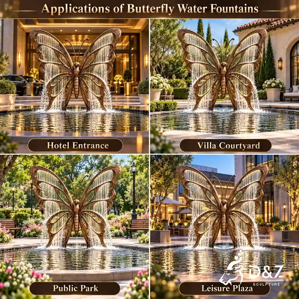 Butterfly outdoor water fountain applications in hotel entrance, villa courtyard, public park, and leisure plaza. Butterfly outdoor water fountain applications in hotel entrance, villa courtyard, public park, and leisure plaza.