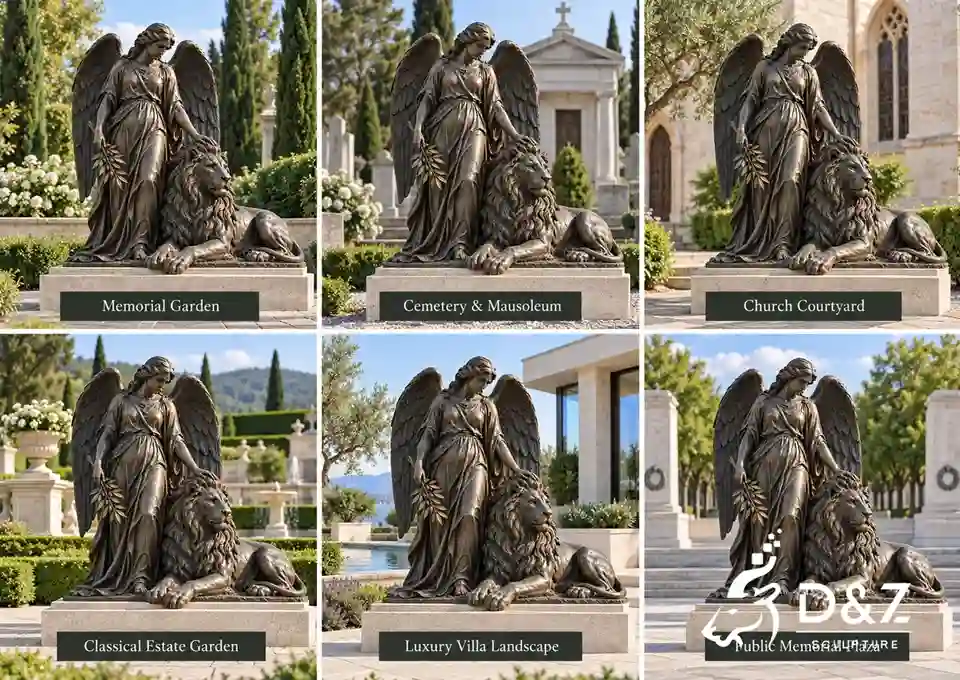 Outdoor angel and lion statue shown in six settings: memorial garden, cemetery, church courtyard, estate garden, luxury villa and public memorial plaza. Outdoor angel and lion statue shown in six settings: memorial garden, cemetery, church courtyard, estate garden, luxury villa and public memorial plaza.