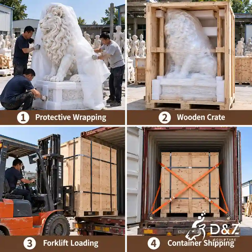 Sitting lion sculpture packaging process with protective wrapping wooden crate forklift and container shipping