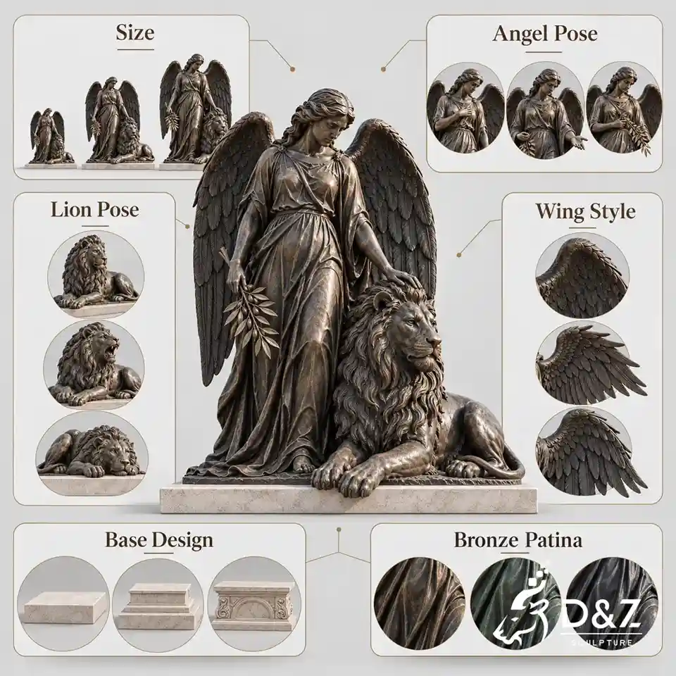 Custom angel and lion sculpture options for size, angel pose, lion pose, wing design, stone base and bronze patina. Custom angel and lion sculpture options for size, angel pose, lion pose, wing design, stone base and bronze patina.