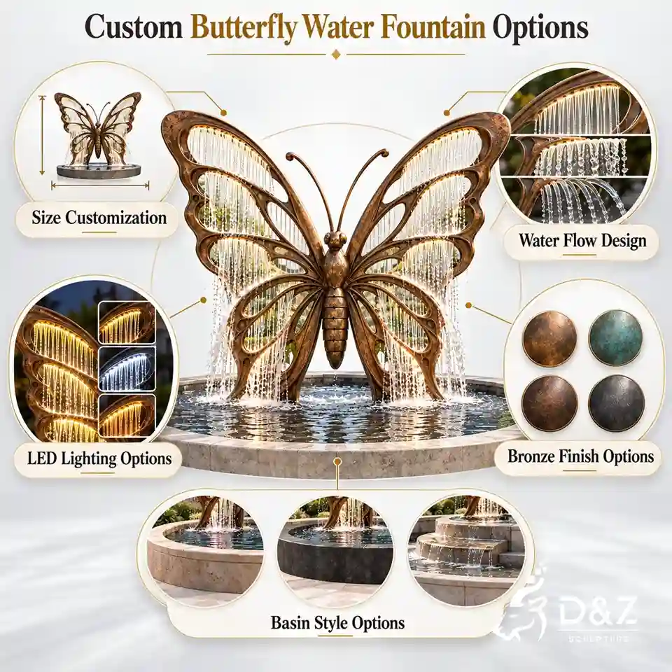 Custom butterfly fountain options showing size customization, water flow design, LED lighting, finishes, and basin styles. Custom butterfly fountain options showing size customization, water flow design, LED lighting, finishes, and basin styles.
