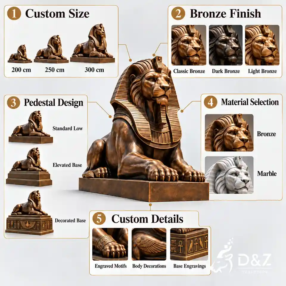 Custom Egyptian lion statue options showing 200 250 and 300 cm sizes bronze finishes marble material and pedestal designs Custom Egyptian lion statue options showing 200 250 and 300 cm sizes bronze finishes marble material and pedestal designs