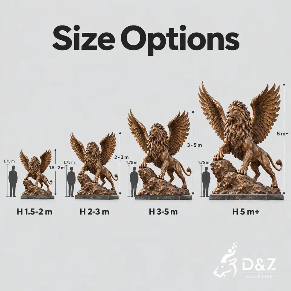 Large flying lion statue size comparison chart showing 1.5–2 m, 2–3 m, 3–5 m, and over 5 m with 1.75 m human silhouettes. Large flying lion statue size comparison chart showing 1.5–2 m, 2–3 m, 3–5 m, and over 5 m with 1.75 m human silhouettes.