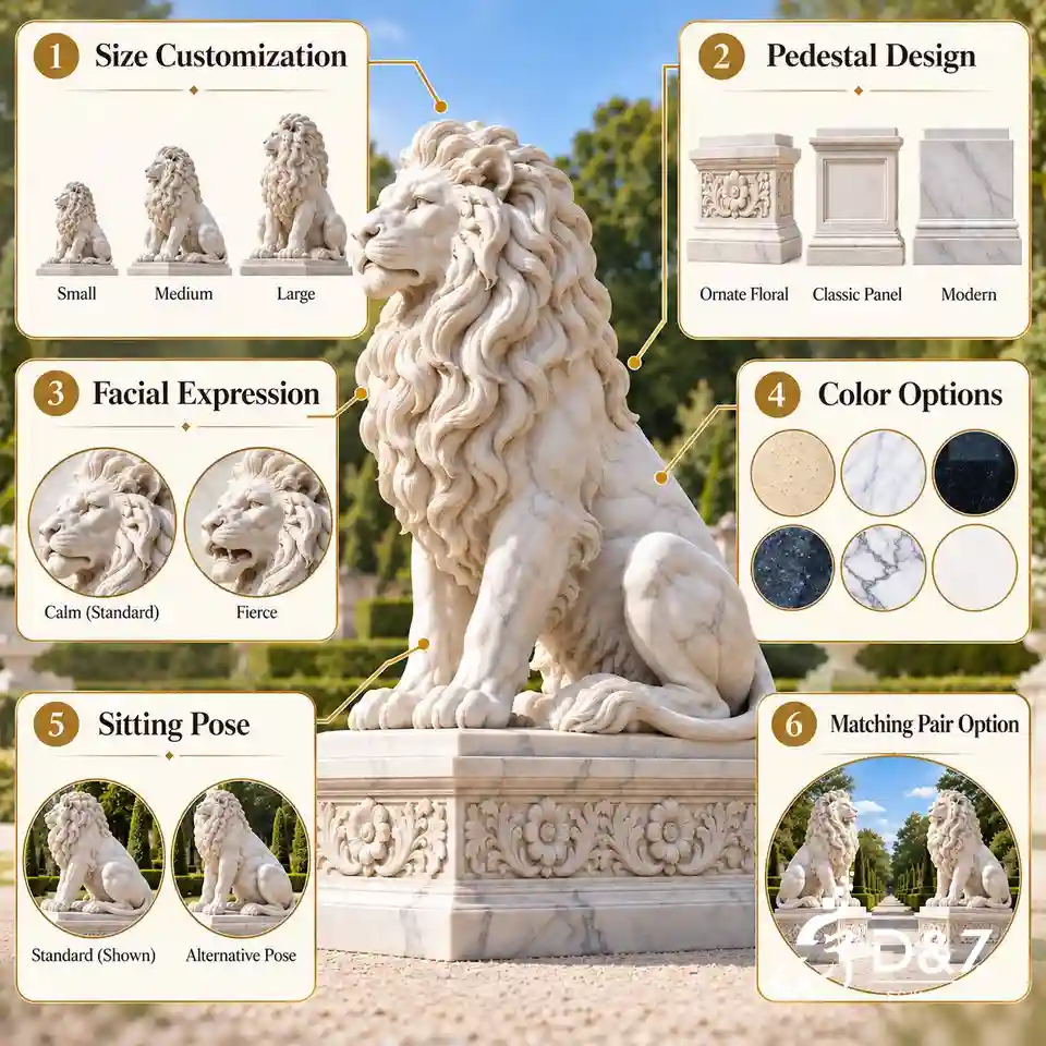 Sitting lion statue customization infographic with size pedestal facial expression marble colors pose and pair options