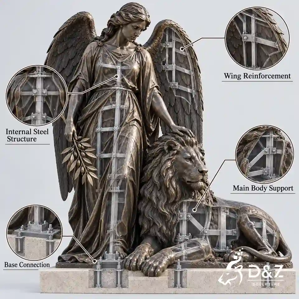 Conceptual cutaway of a bronze angel and lion sculpture showing internal steel support, wing reinforcement, body framing and base connections. Conceptual cutaway of a bronze angel and lion sculpture showing internal steel support, wing reinforcement, body framing and base connections.