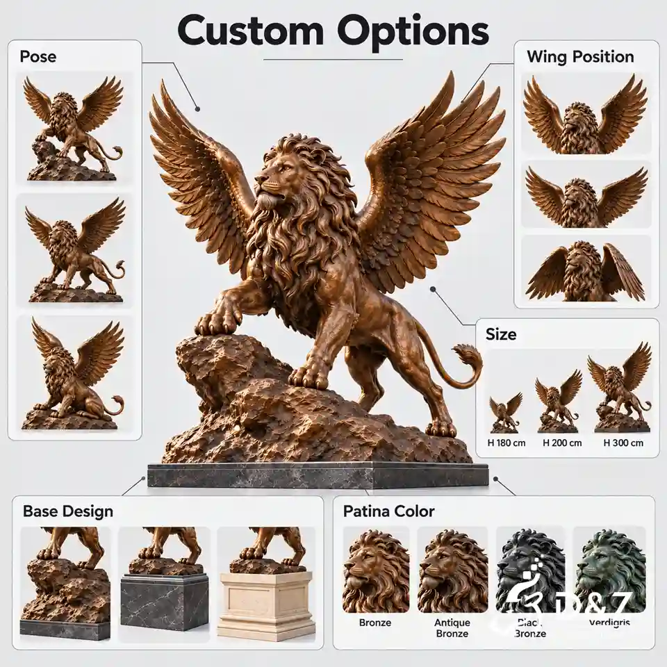 Custom winged lion statue infographic showing pose, wing position, height options, rock and pedestal designs, and bronze patina colors. Custom winged lion statue infographic showing pose, wing position, height options, rock and pedestal designs, and bronze patina colors.
