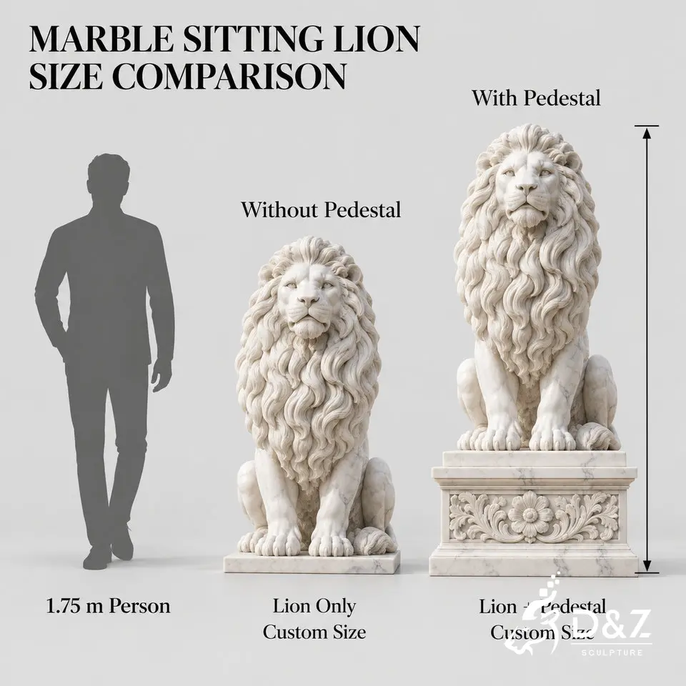 Large sitting lion statue size comparison beside a 1.75 meter person with and without decorative pedestal