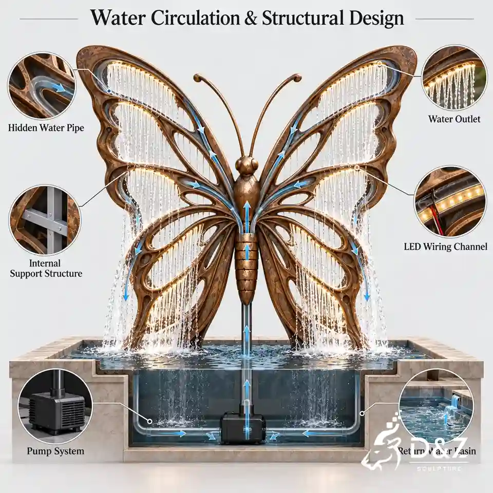 Water feature sculpture circulation and structural design with hidden water pipes, pump system, and return water basin. Water feature sculpture circulation and structural design with hidden water pipes, pump system, and return water basin.