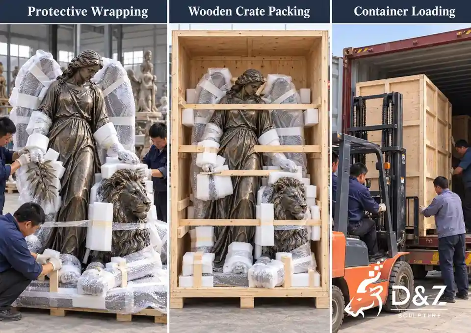 Illustrated bronze angel and lion statue packaging steps showing protective wrapping, wooden crate packing and container loading. Illustrated bronze angel and lion statue packaging steps showing protective wrapping, wooden crate packing and container loading.