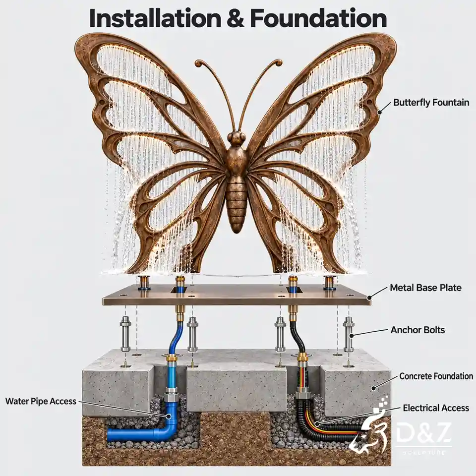 Butterfly fountain installation and foundation diagram showing metal base plate, anchor bolts, concrete foundation, and access pipes. Butterfly fountain installation and foundation diagram showing metal base plate, anchor bolts, concrete foundation, and access pipes.