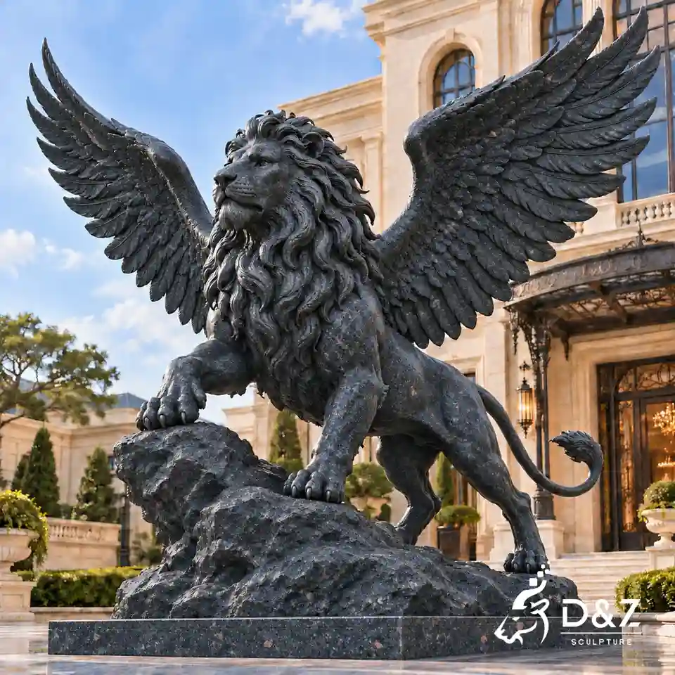 Dark stone lion statue with wings, a carved mane, and a raised paw on a rocky base, displayed before an elegant hotel entrance. Dark stone lion statue with wings, a carved mane, and a raised paw on a rocky base, displayed before an elegant hotel entrance.