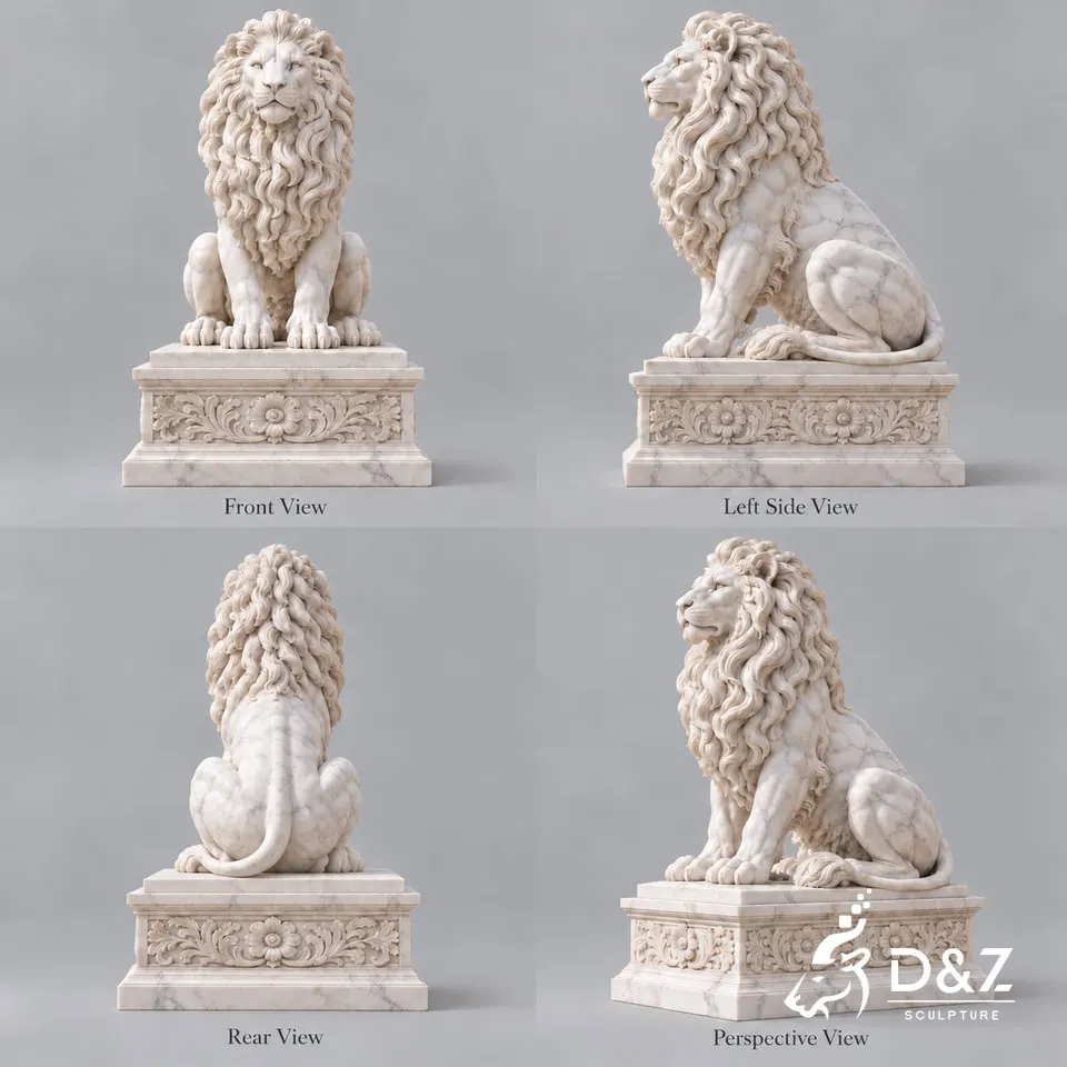 Seated lion statue shown in front left side rear and perspective views with matching marble pedestal