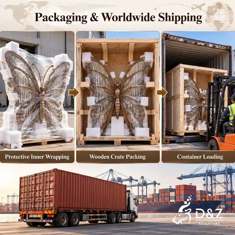 Butterfly fountain packaging and worldwide shipping process with protective wrapping, wooden crate packing, and container loading. Butterfly fountain packaging and worldwide shipping process with protective wrapping, wooden crate packing, and container loading.