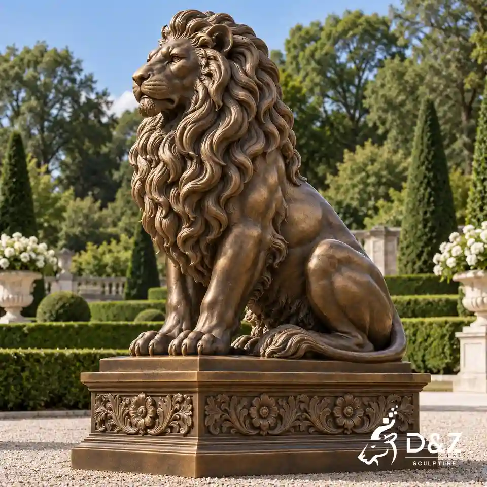 Sitting bronze lion statue with realistic warm bronze surface and ornate floral pedestal in a garden